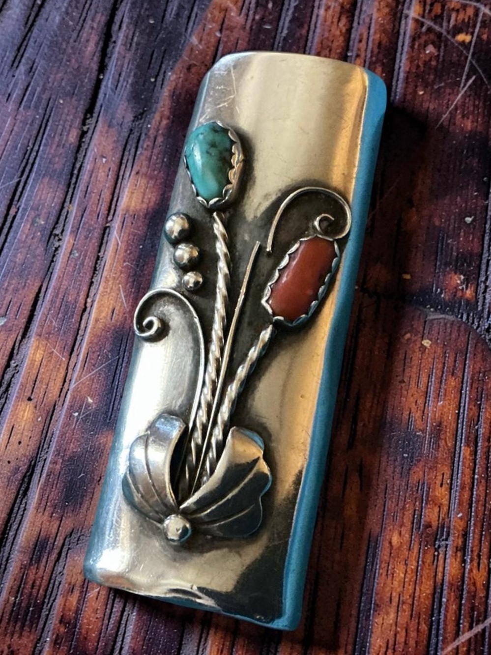 VTG NATIVE AMERICAN FLORAL TURQUOISE/CORAL SILVER CIGARETTE LIGHTER CASE HOLDER